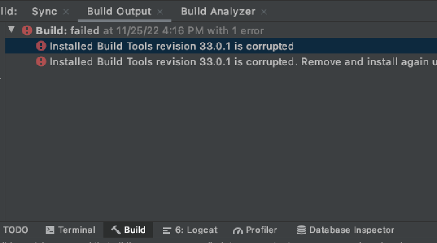 [Android] Build failed: Installed Build Tools revision 33.0.1 is corrupted...