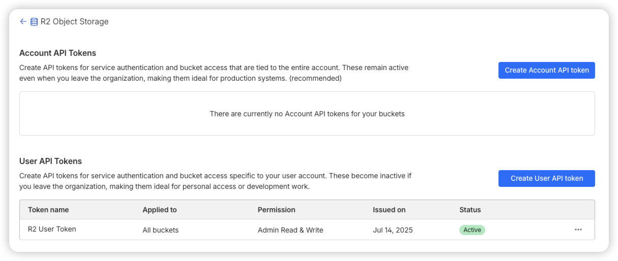 R2 API token creation screen